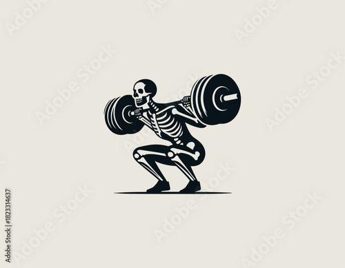 Detailed black and white illustration of a muscular skeleton figure executing a deep barbell squat with heavy weights across its shoulders in correct form.