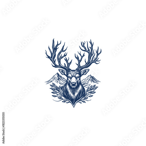 vintage engraving or sketch illustration depicting a majestic deer head with large branched antlers, centered over a rugged mountain range