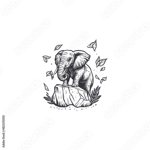 vintage engraving or sketch illustration depicting a resting elephant perched calmly on a rock, surrounded by wild leaves and foliage