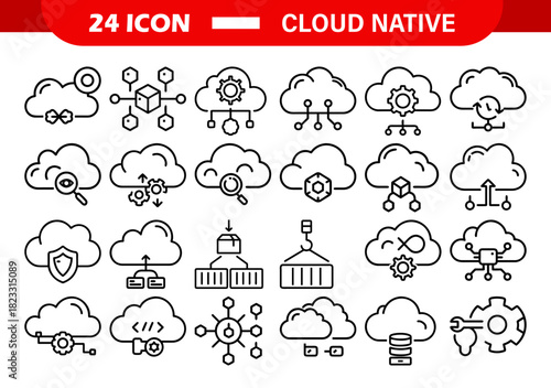 Collection of cloud native icons representing various cloud computing and networking concepts and technologies