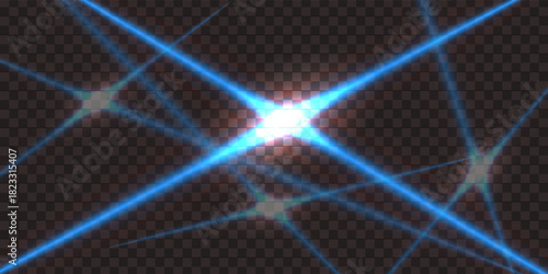 Abstract crossed blue laser light lines shining on a transparent background.