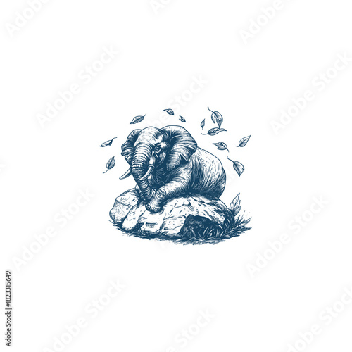 vintage engraving or sketch illustration depicting a resting elephant perched calmly on a rock, surrounded by wild leaves and foliage