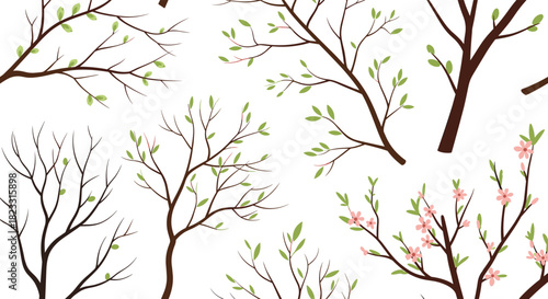 Seamless pattern of spring tree branches with budding green leaves and delicate pink blossoms on a clean white background.