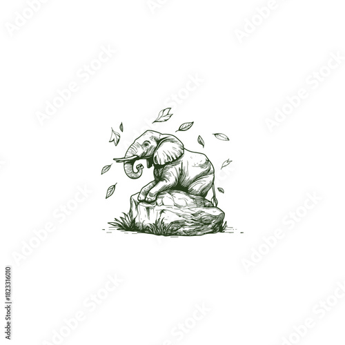 vintage engraving or sketch illustration depicting a resting elephant perched calmly on a rock, surrounded by wild leaves and foliage