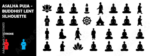 Asalha Puja Silhouette Vector – Buddhist Lent Religious Ceremony and Dharma Day Icons