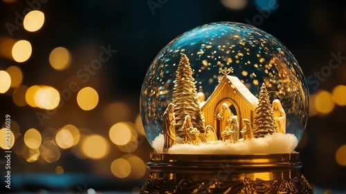 A snow globe features a nativity scene with golden figures, trees, and sparkling lights capturing the holiday spirit