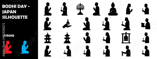 Bodhi Day Japan Silhouette Vector – Buddha Enlightenment Celebration Buddhist Icon Set