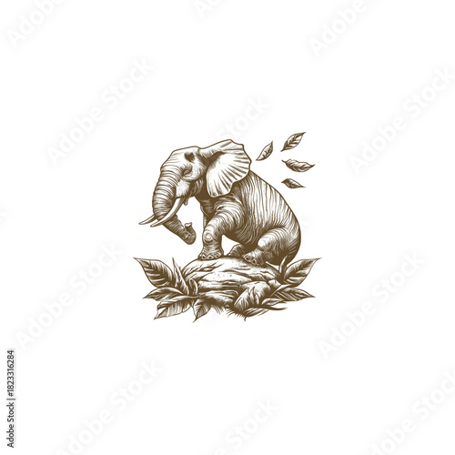 vintage engraving or sketch illustration depicting a resting elephant perched calmly on a rock, surrounded by wild leaves and foliage