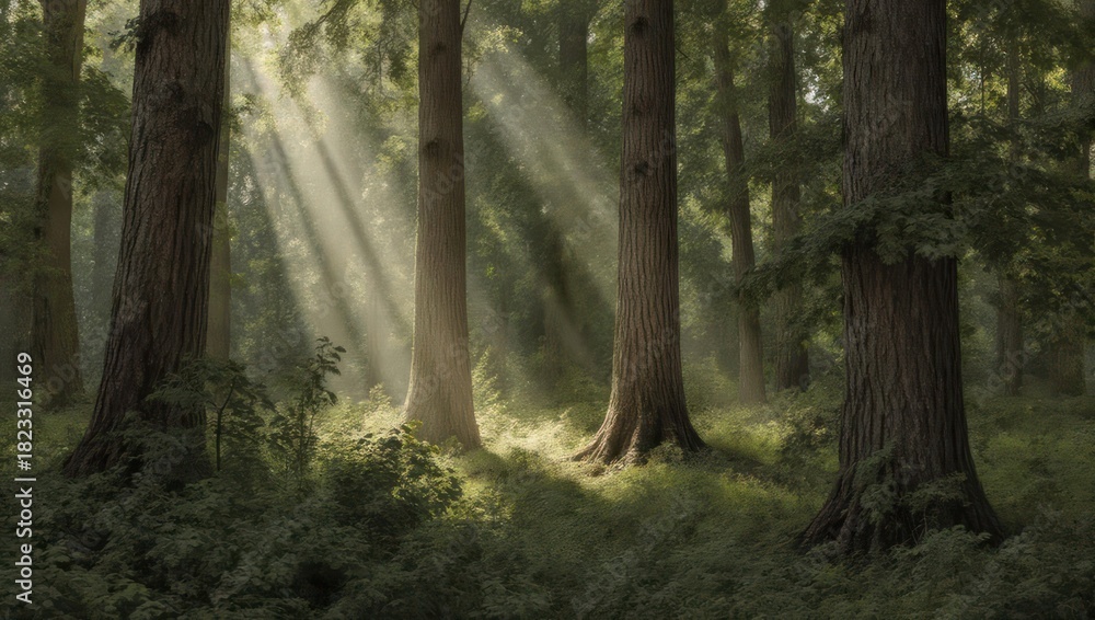 Naklejka premium Sunbeams filtering through a dense forest canopy illuminating the woodland floor.