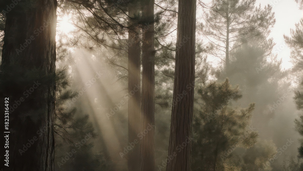 Obraz premium Sunbeams pierce through misty forest canopy illuminating ancient trees.