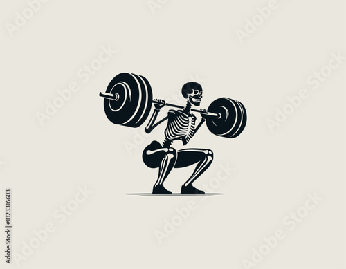 Detailed black and white illustration of a muscular skeleton figure executing a deep barbell squat with heavy weights across its shoulders in correct form.