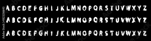 Distressed font alphabet complete set, uppercase stencil letter character from a to z with painted style on a black vector illustration. 
