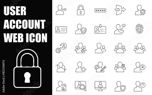User Account and Profile Management Web Icon Set in Clean Line Style. A Linear Icon Collection Featuring Avatar, Login, Password, Username, Authentication, and Social Connection. Editable Stroke Vecto