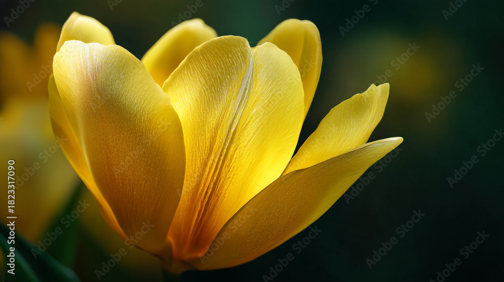 Obraz premium A close up shot of a vibrant yellow tulip flower with a dark green blurred background in soft lighting
