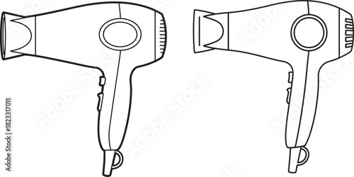 Two handheld hair dryer silhouettes facing different directions