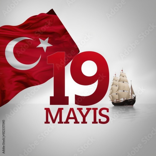 Turkish flag and 19 mayis text with a ship illustration