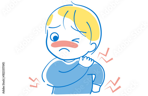 インフルエンザによる関節痛で辛そうな男の子のイラスト