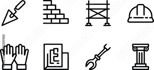 Building Restoration Icon Set – Full Black Outline Silhouettes