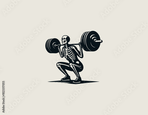 Detailed black and white illustration of a muscular skeleton figure executing a deep barbell squat with heavy weights across its shoulders in correct form.