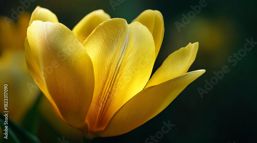 A close up shot of a vibrant yellow tulip flower with a dark green blurred background in soft lighting