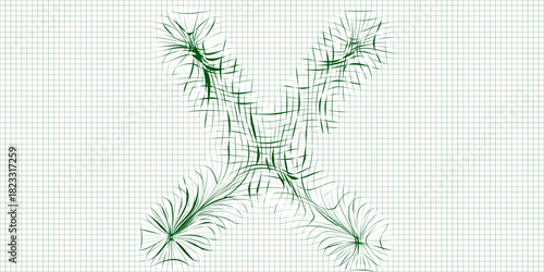 Abstract warped green lines shape with light distortion effect on transparent checkered background, digital art vector illustration.