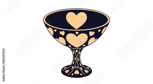 Stylized dark blue goblet embellished with numerous beige hearts, including a large heart within the bowl, on a white background.