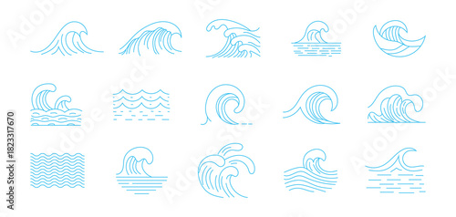 Water line waves, sea wave set. Blue ocean wavy decorative shapes. Abstract aqua, liquid flow simple graphics, nautical oceanic surf symbols vector set.