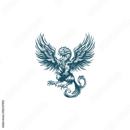 vintage engraving or woodcut illustration depicting a majestic griffin in a dynamic attack stance, roaring with large, spread wings
