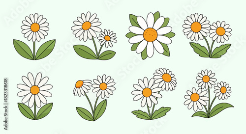 Cartoon daisy logo designs, chamomile flower icons. Flat spring floral elements. Blossom flowers with white petals. Doodle daisy vector set