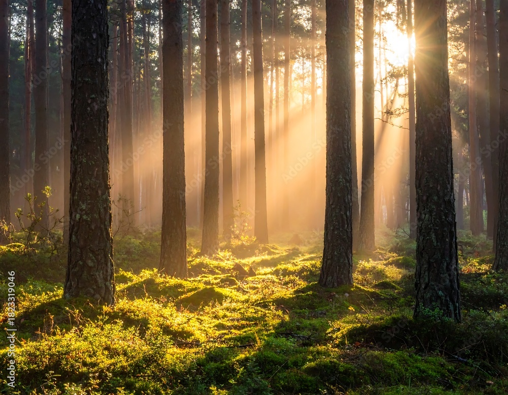Fototapeta premium Golden sunlight streams through a vibrant forest, illuminating mossy ground and towering trees