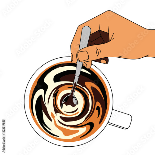 An overhead illustration captures a hand stirring a creamy beverage in a white mug, creating mesmerizing swirls of dark and light liquid, perfect for a relaxing morning.