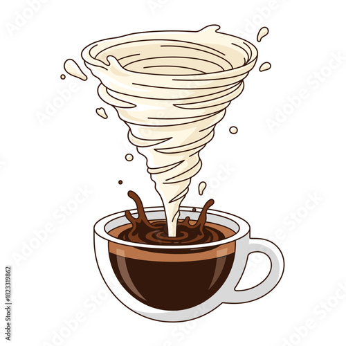 A dynamic illustration captures a creamy milk vortex swirling dramatically into a rich, dark cup of freshly brewed coffee, creating an energetic splash.