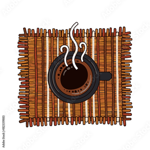 An inviting, hand-drawn illustration captures a steaming cup of freshly brewed dark coffee, resting warmly on a textured, woven bamboo placemat, evoking comfort and morning rituals.