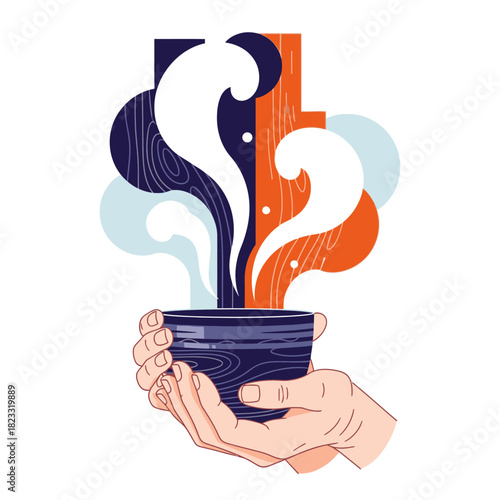 Hands gently hold a textured bowl, releasing aromatic steam that rises against a modern, abstract background, evoking warmth, comfort, and well-being.