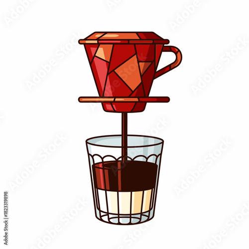 An illustrated Vietnamese phin coffee filter slowly drips rich, dark coffee into a glass containing sweet condensed milk, creating a delicious traditional beverage.