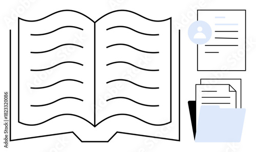 Open book with text lines, document folders, and a user profile icon for information management, education, or research themes. Ideal for learning, data, records, study resources content archiving