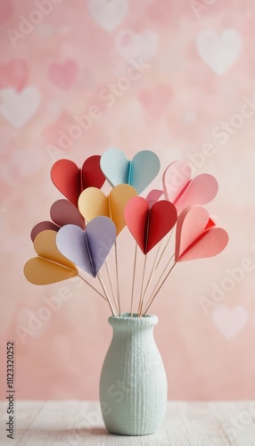 Multicolored paper hearts form a vibrant bouquet in a light green textured vase Soft pink background with subtle heart