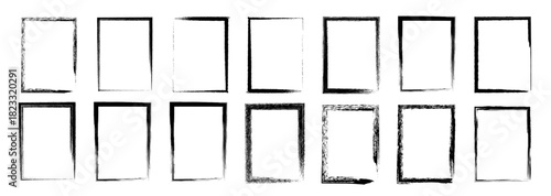 Set of fourteen grunge frames with black color isolated on a transparent background in vector style collection. 