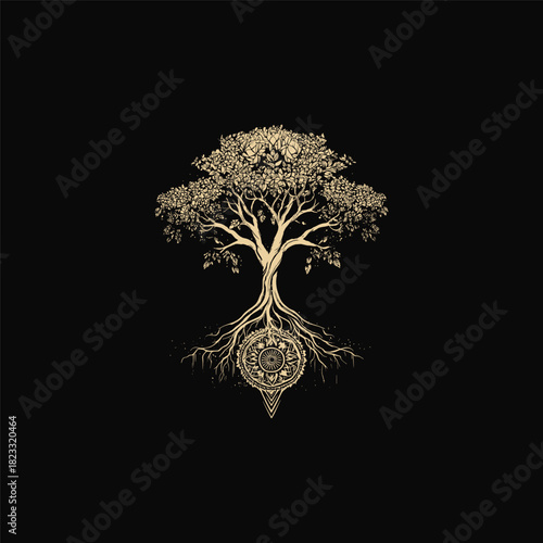 illustration featuring a beautiful Tree of Life with sprawling branches and intricate roots extending down to meet a sacred geometric mandala pattern