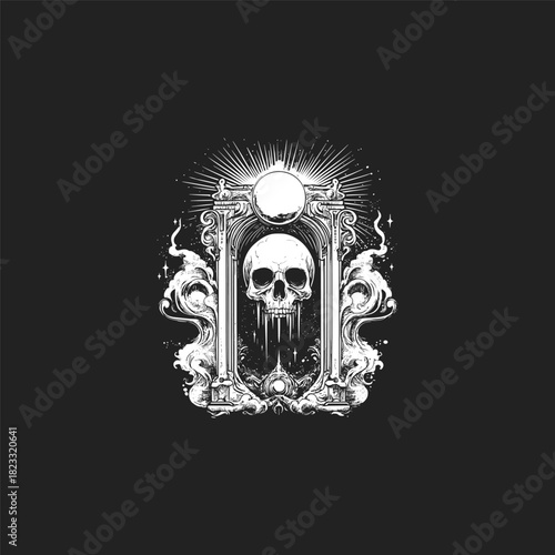 engraving illustration featuring a human skull perched above a dark, ornate doorway or mausoleum entrance, flanked by classic pillars and surrounded by swirling clouds
