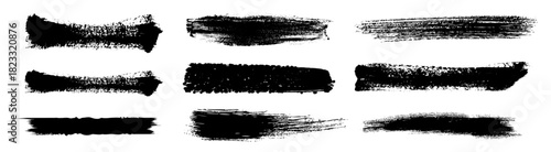 Black Brush Stroke Paint Shape Collection, Set Of Hand Drawn Ink Element, Artistic Isolated Design, Vector Art. 