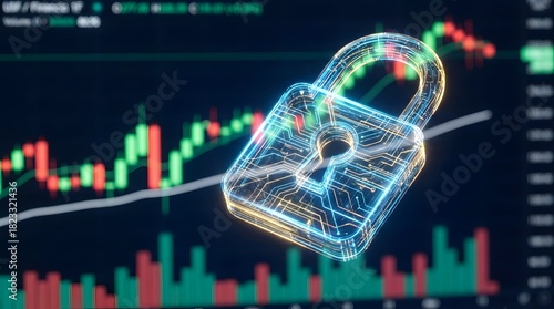 Glowing Digital Lock Over Financial Graphs Symbolizing Cybersecurity and Data Protection
