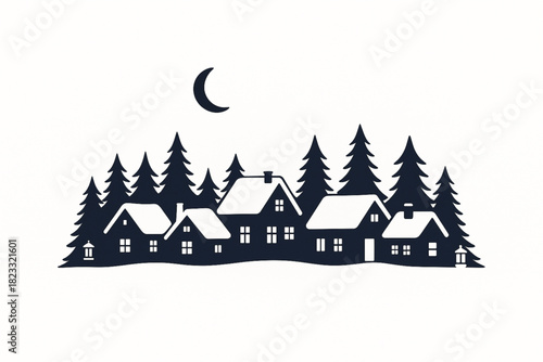 Snowy Village Under Crescent Moon