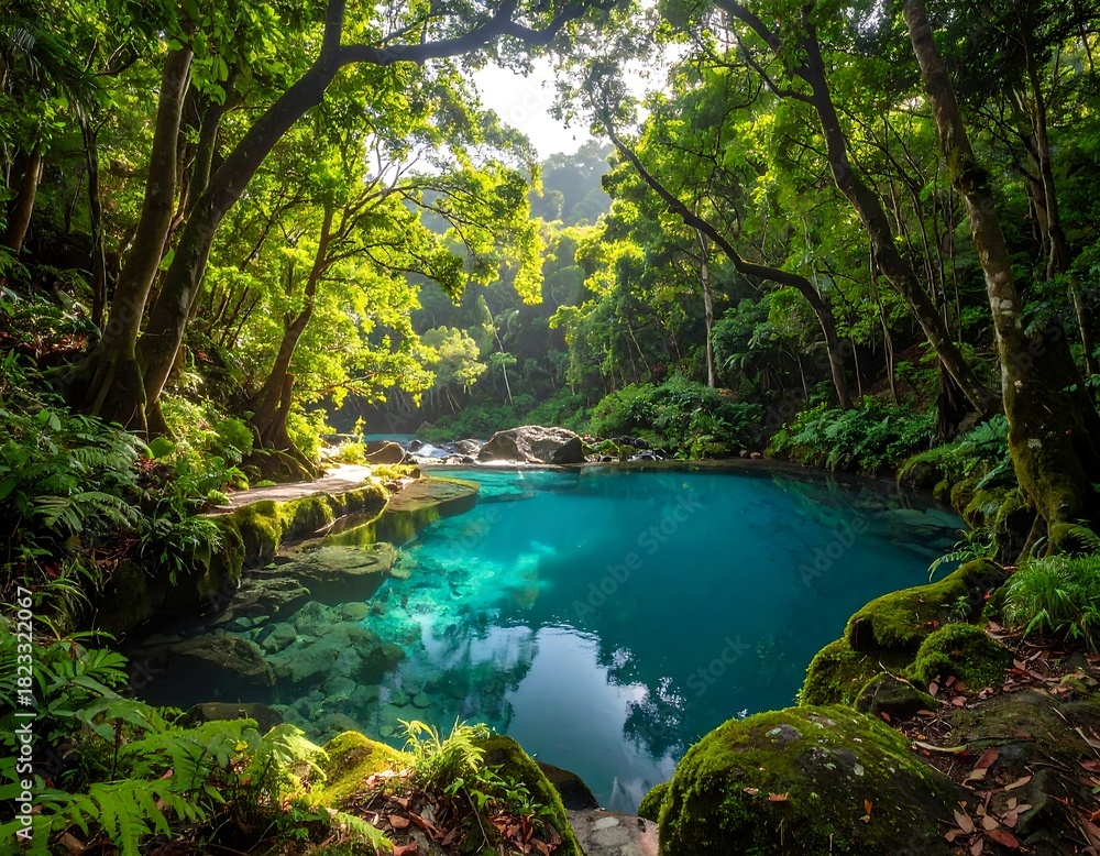 Fototapeta premium Lush, emerald-green forest surrounds a crystal-clear, azure pool of water