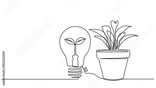 Continuous line drawing of lightbulb with plant and potted plant concept