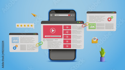 Powerful Link Building Strategies, Higher Rankings, Strong Backlinks, Organic Traffic Growth, Better Visibility, Improved SEO. Video Content Page Linked to Others Websites on 3D Smartphone