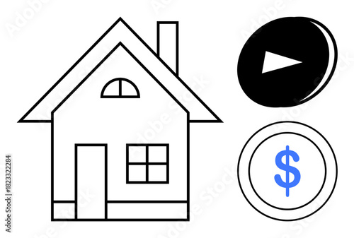 House with chimney, coin featuring dollar sign, and play button. Ideal for real estate, investment, homeownership, streaming, financial planning media and property sales. Simple flat metaphor