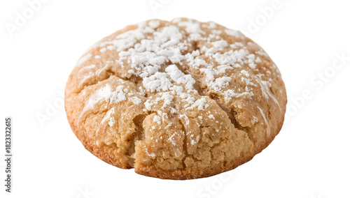 Closeup of fresh powdered sugar cookie with cracked texture on the transparent background for bakery and dessert concepts