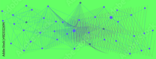 Complex Network Visualization with Interconnected Nodes and Lines Against a Green Backdrop, Representing Connection and Data Flow vector illustration. 