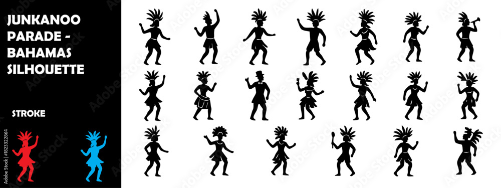 Naklejka premium Junkanoo Parade Bahamas Silhouette Vector – Carnival Dancers, Drummers, Caribbean Festival Illustration